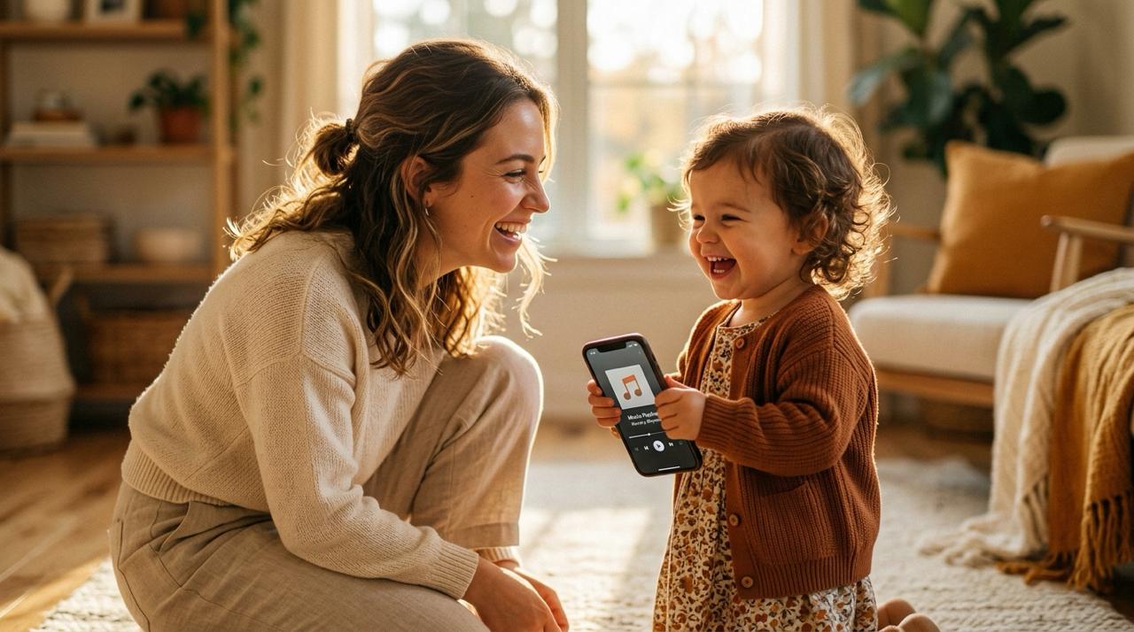 Mother and toddler sharing a song on a phone
